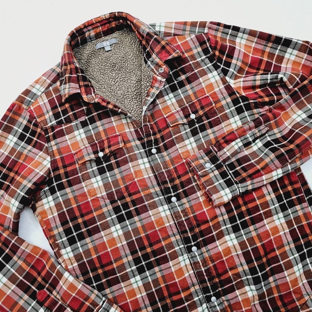Uniqlo Mens M Shirt Pearl Snap Fleece Lined Flannel Plaid Long Sleeve Orange